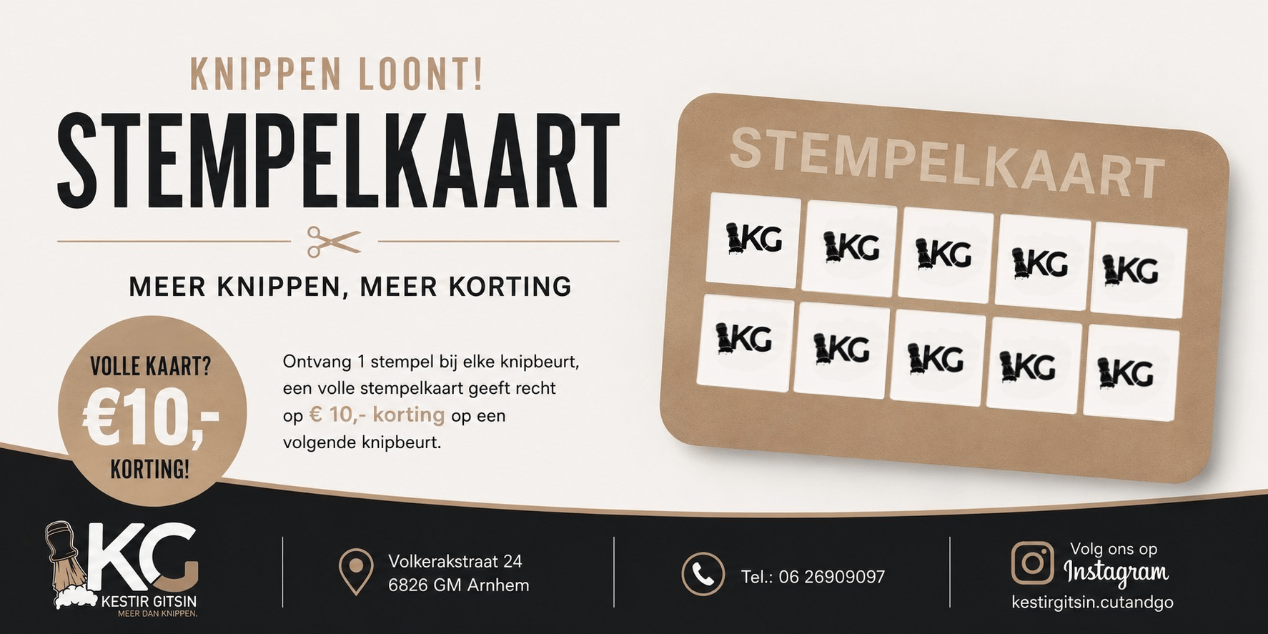 Kestirgitsin stempelkaart. Knippen loont, volle kaart 10 euro korting